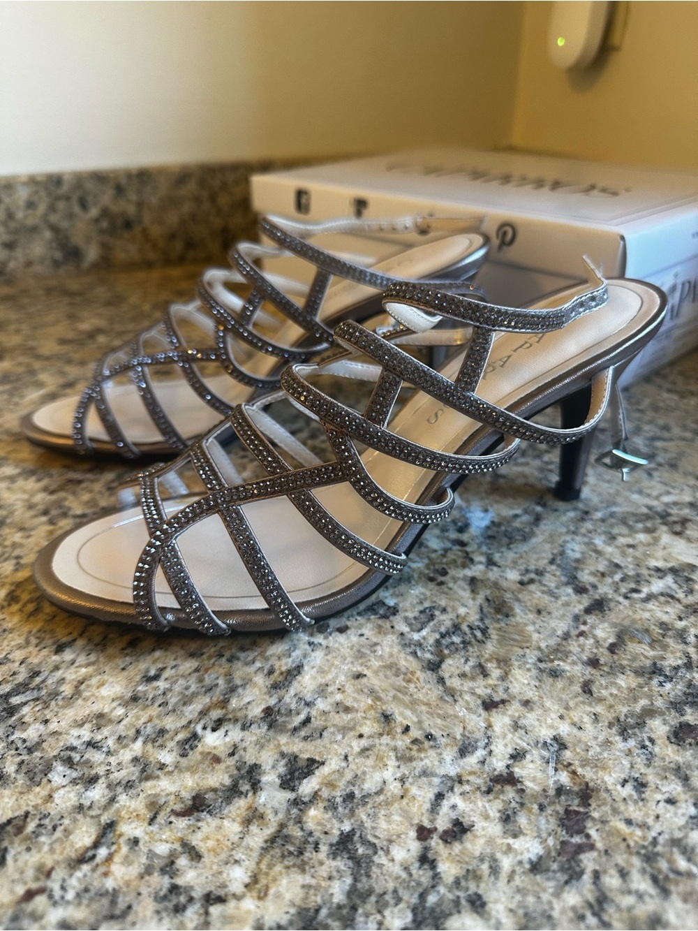 Caparros Silver Strappy Rhinestone Kitten Heels